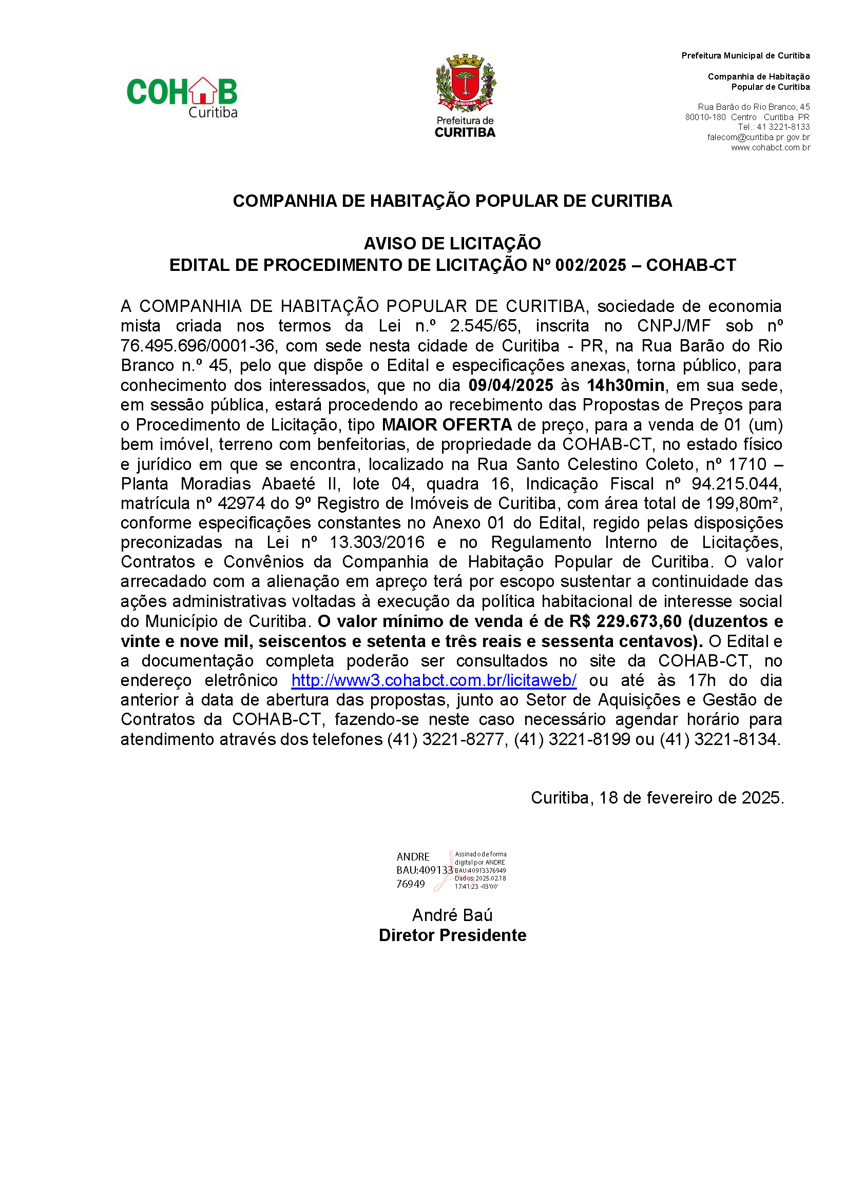 AVISO PL 2 2025 COHAB Alienação Q16 L04 Moradias Abaeté